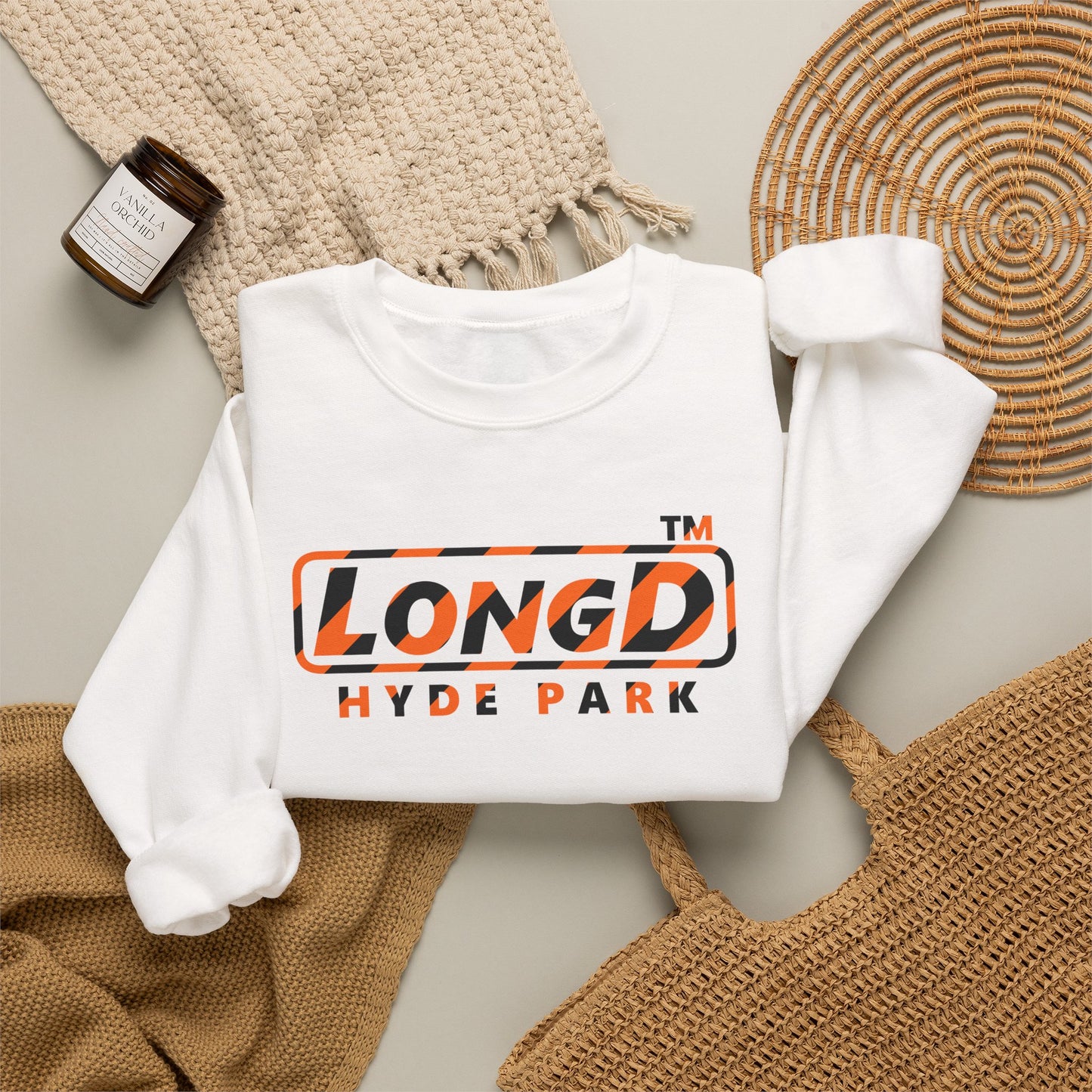 LongD Hyde Park positive 12-striped 4-print logo (Halloween colors) crewneck sweatshirt