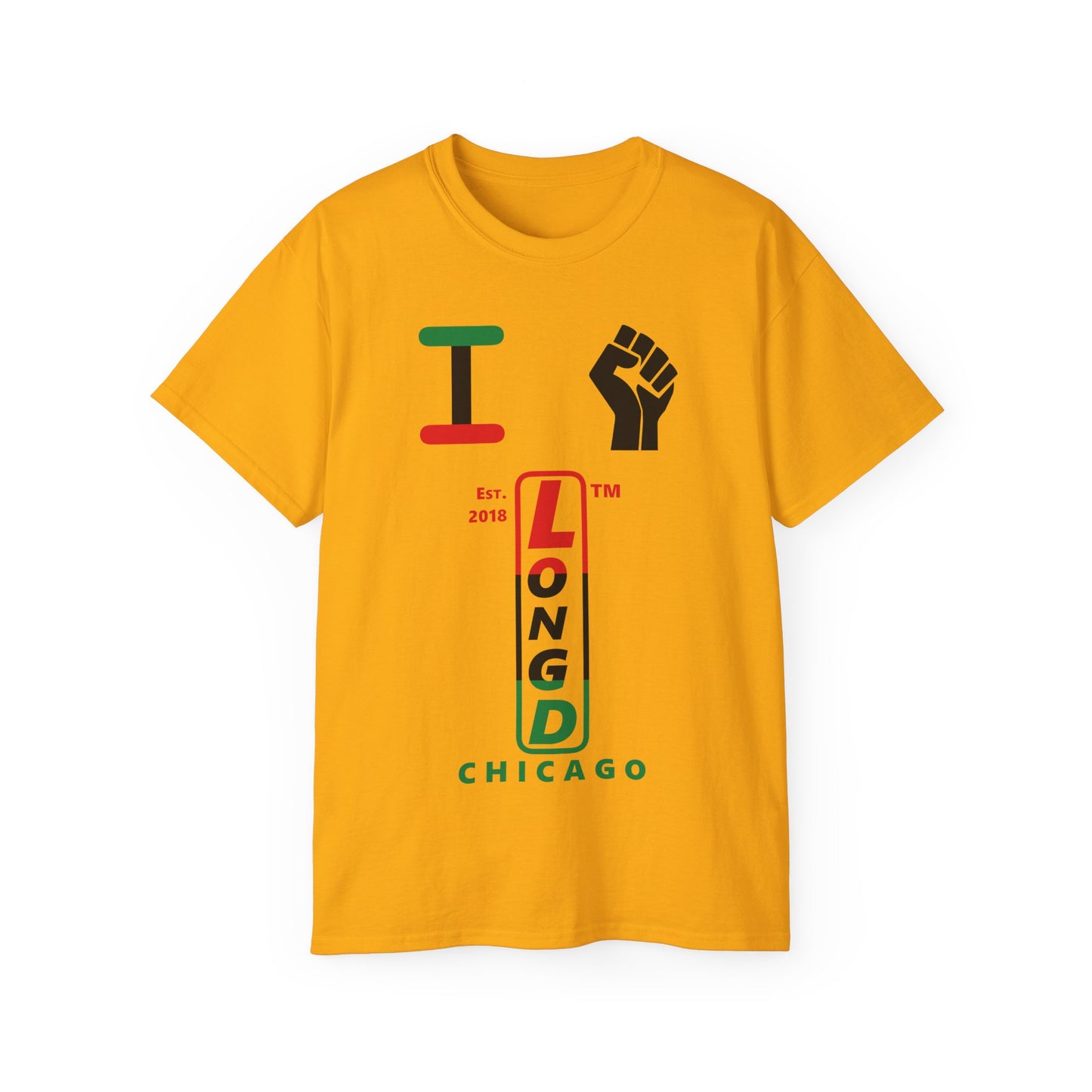 I fist LongD Cotton Tee positive horizontal striped Chicago upright logo (Juneteenth colors)