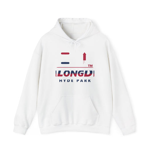 I firecracker LongD® positive horizontal 6-striped Hyde Park logo hoodie