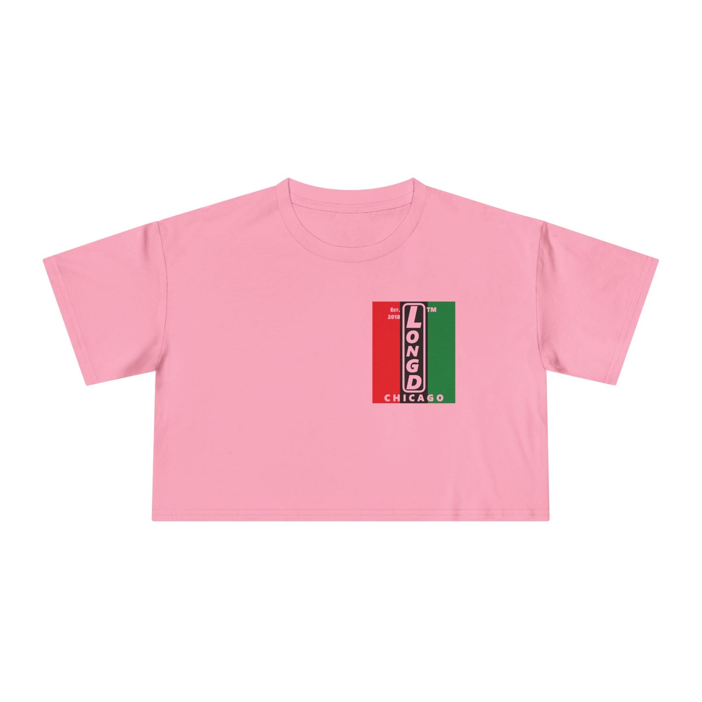 Negative vertical 3-striped upright single-breasted Chicago logo crop tee (Juneteenth colors)