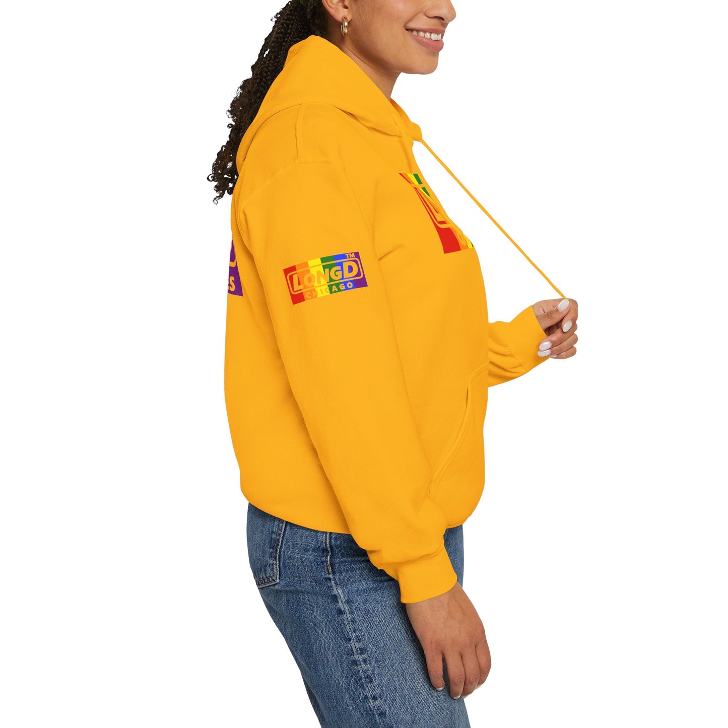 LongD® negative vertical striped 4-print Chicago logo hoodie (Pride colors)
