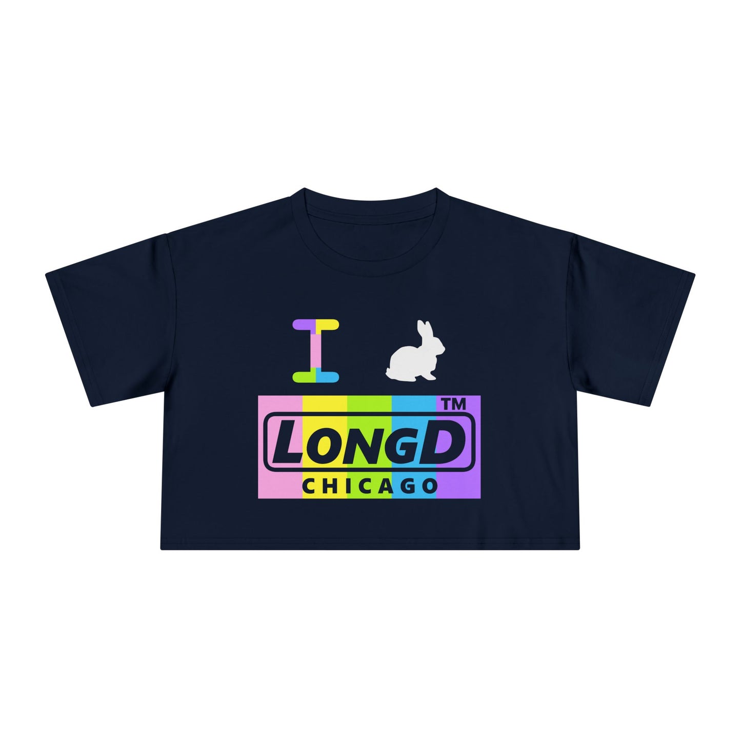 I Bunny LongD negative vertical striped Chicago Logo Crop Tee