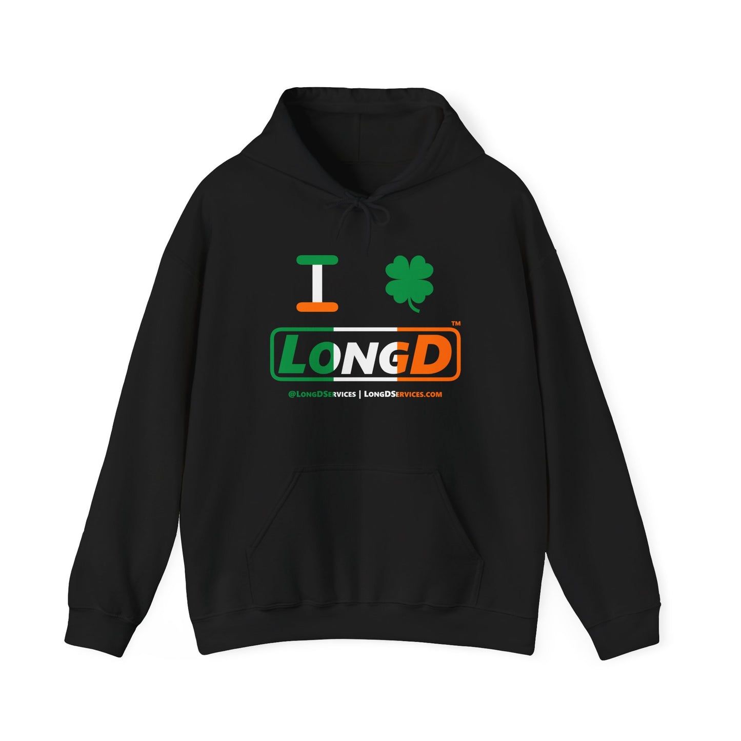 I Clover LongD® Logo Hoodie (St. Patrick's Day Irish Green-Irish Orange-White text)