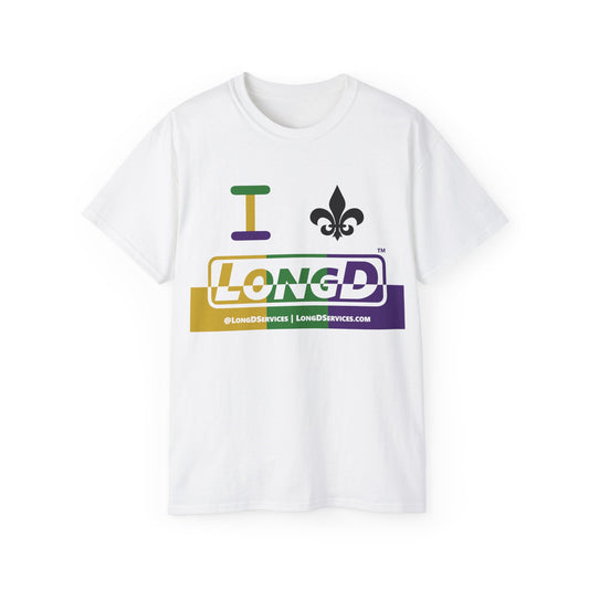 I Fleur LongD® Logo Cotton Tee (Mardi Gras colored text positive top logo, negative bottom logo & black fleur de lis)