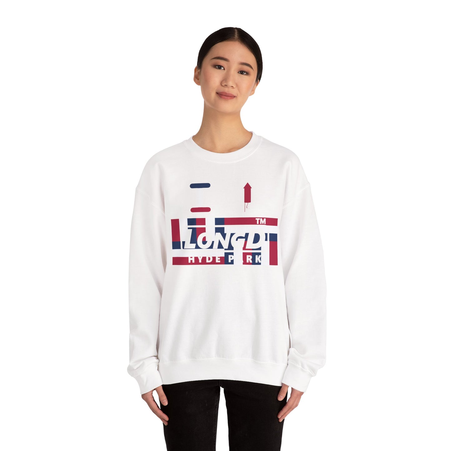 I firecracker LongD negative modified windmill Hyde Park logo crewneck sweatshirt