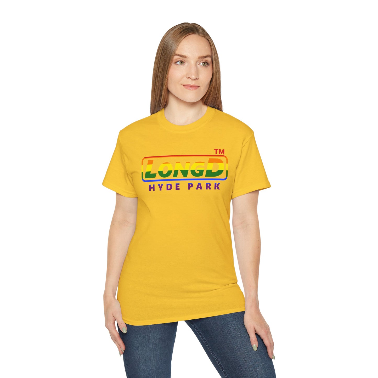 LongD positive vertical striped front-back Hyde Park logo cotton tee (Pride colors)