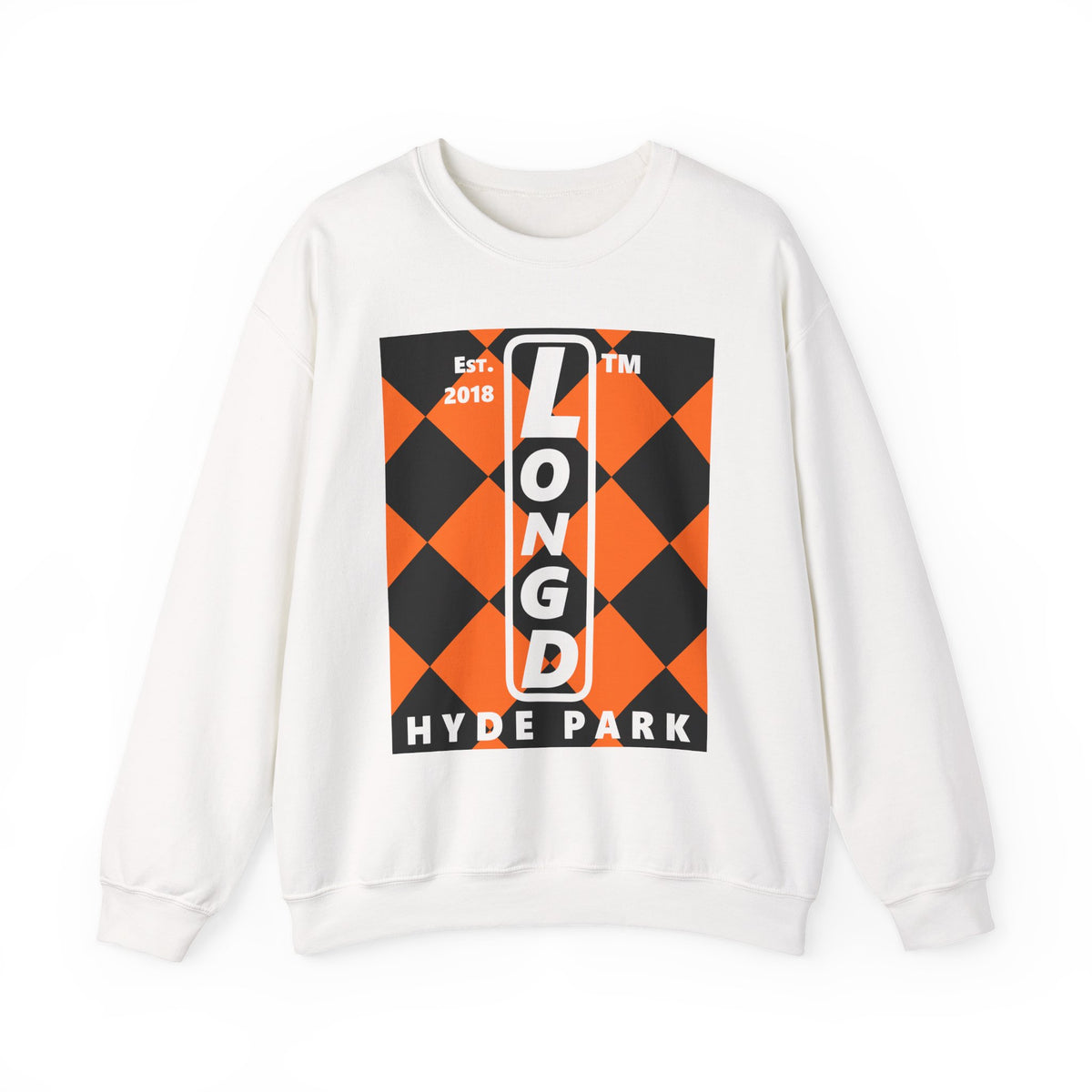 LongD Hyde Park negative upright argyle logo (Halloween colors) crewneck sweatshirt