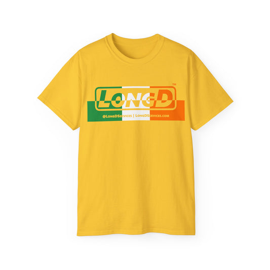 LongD® Logo Cotton Tee (St. Patrick's Day -Irish Green, White and Irish Orange thirds top-bottom positive-negative split)