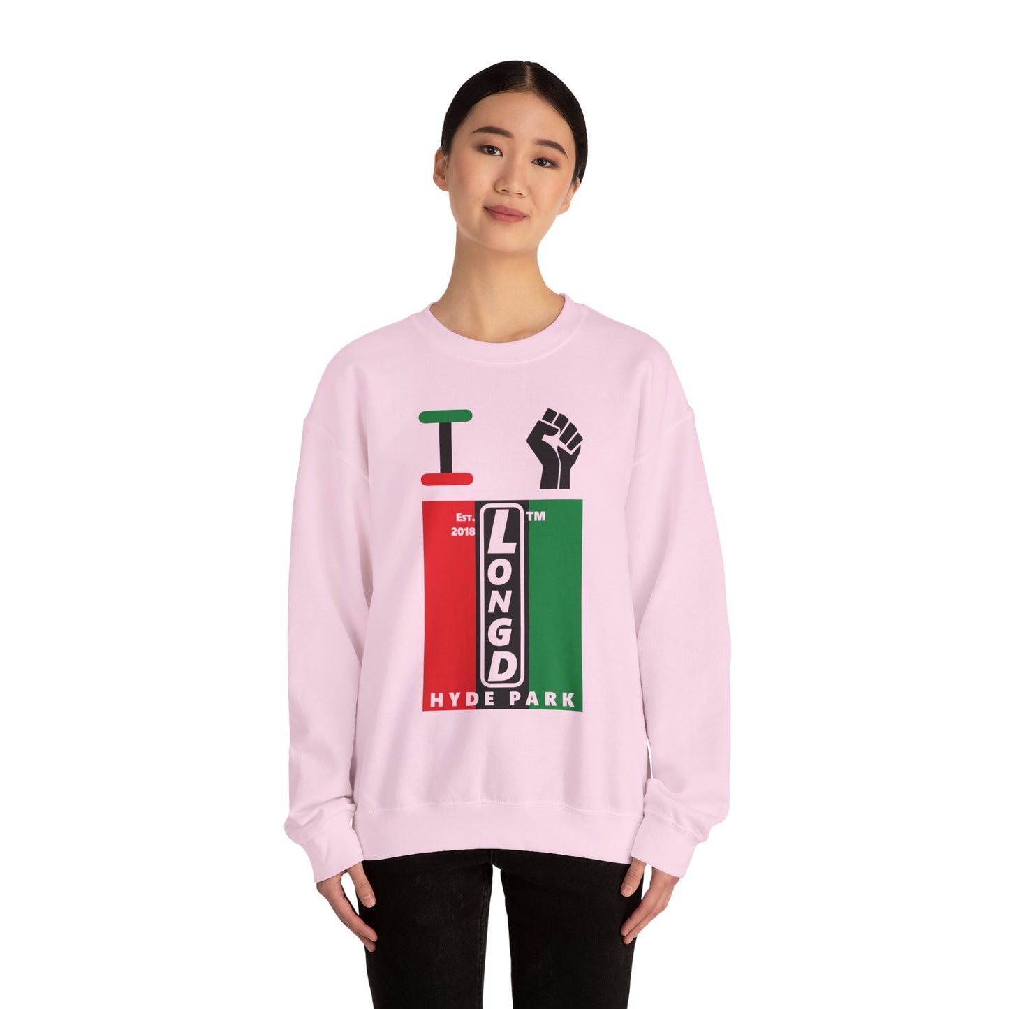 I Fist LongD negative vertical 3-striped Hyde Park upright logo crewneck sweatshirt