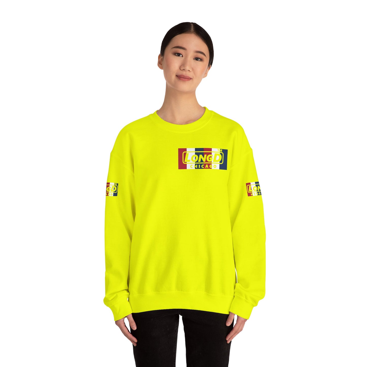 LongD negative vertical 6-striped 4-print single-breasted Chicago logo crewneck sweatshirt (patriotic colors)