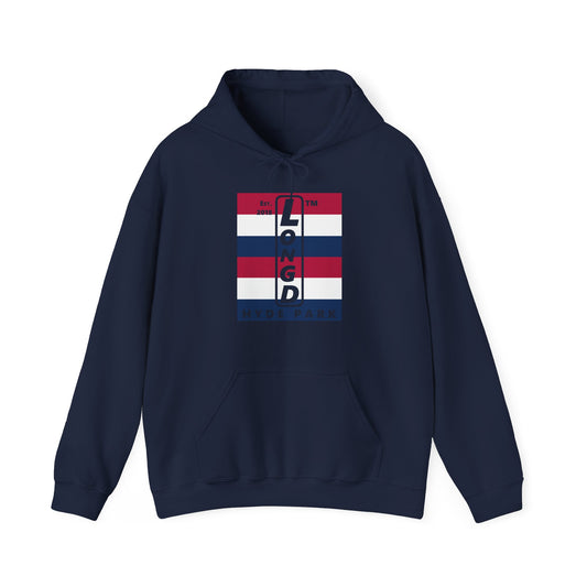 LongD® negative horizontal 6-striped upright Hyde Park logo hoodie (Patriotic colors)