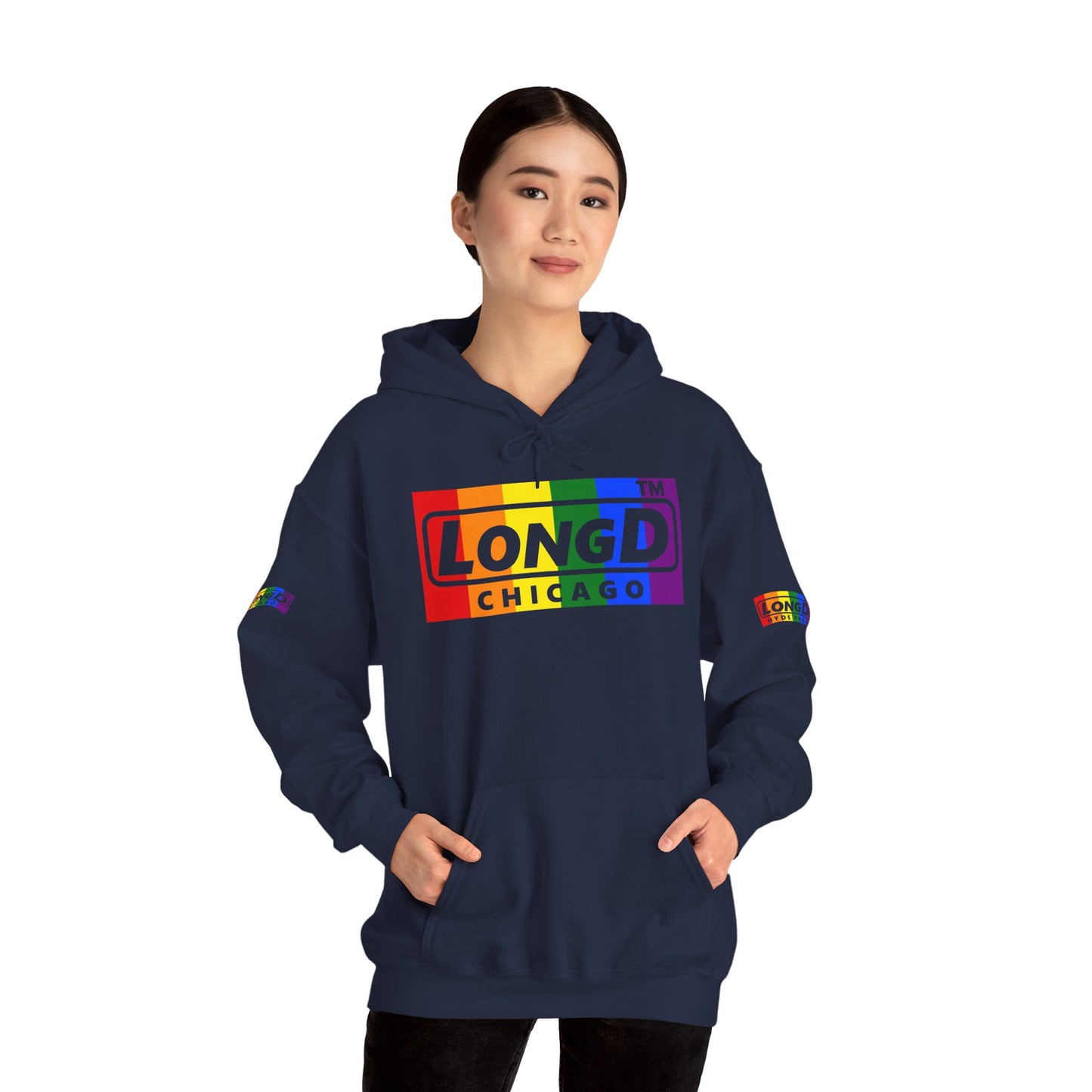 LongD® negative vertical striped 4-print Chicago logo hoodie (Pride colors)