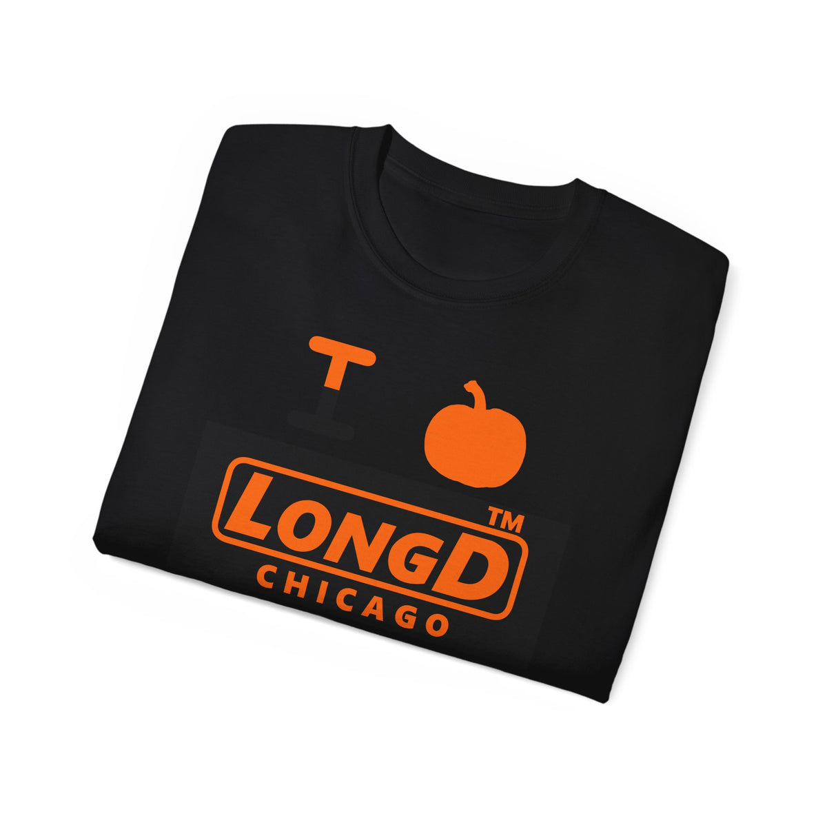 I pumpkin LongD Chicago logo positive orange on negative black cotton tee