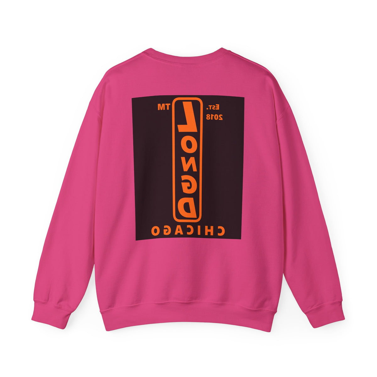 LongD Chicago upright front-back logo orange (FE7518) on Black (000000) crewneck sweatshirt