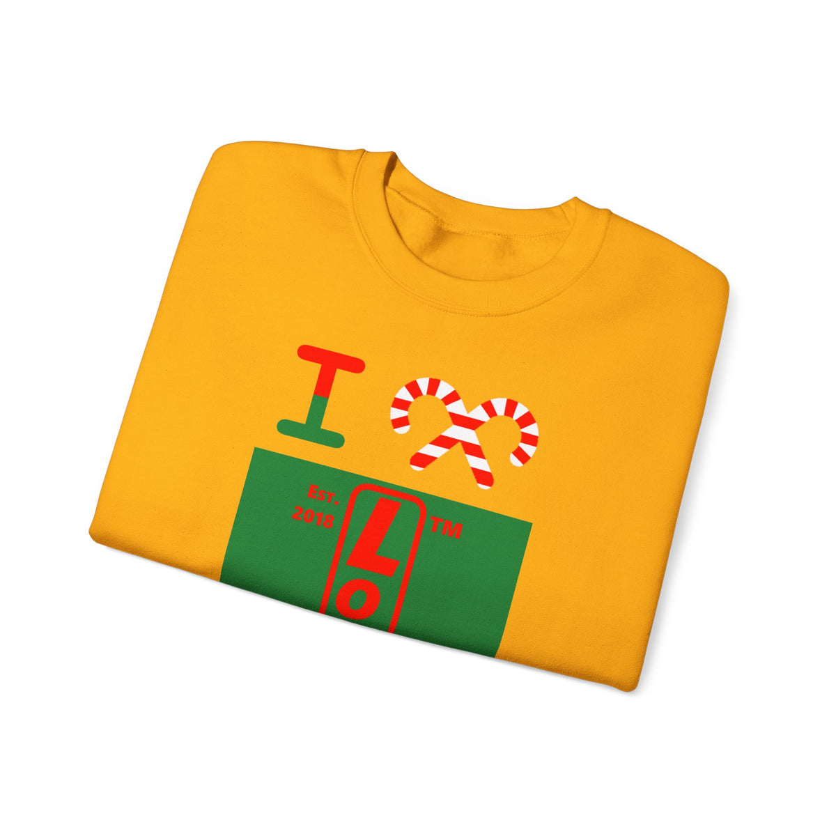 I candy cane LongD Tag upright front-back logo positive red on negative green crewneck sweatshirt