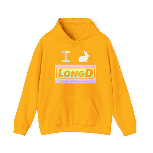 I Bunny LongD® Logo Hoodie Pastel striped negative text (White Easter Bunny)