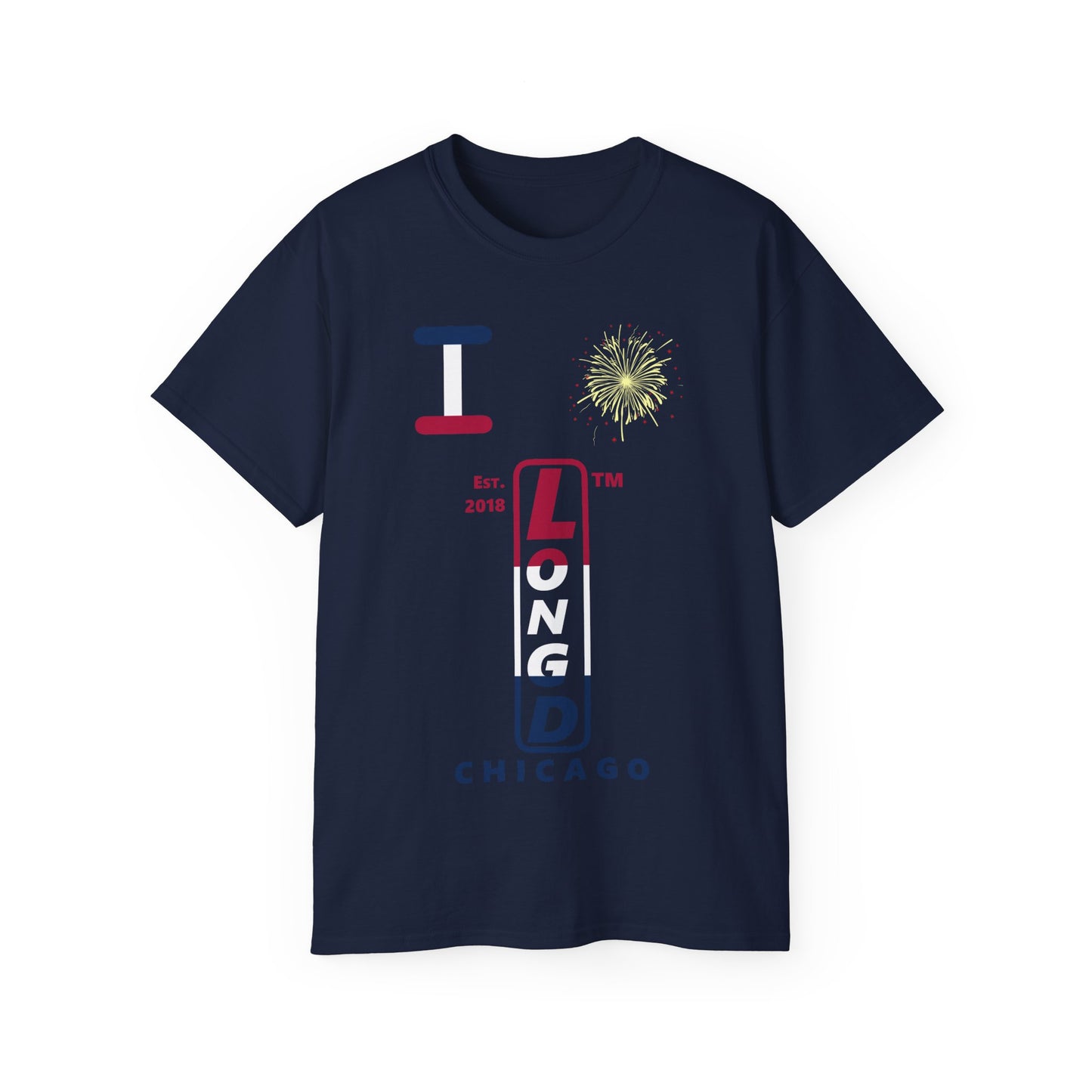 I Burst LongD cotton tee positive horizontal 3-striped Chicago upright logo (Patriotic colors)