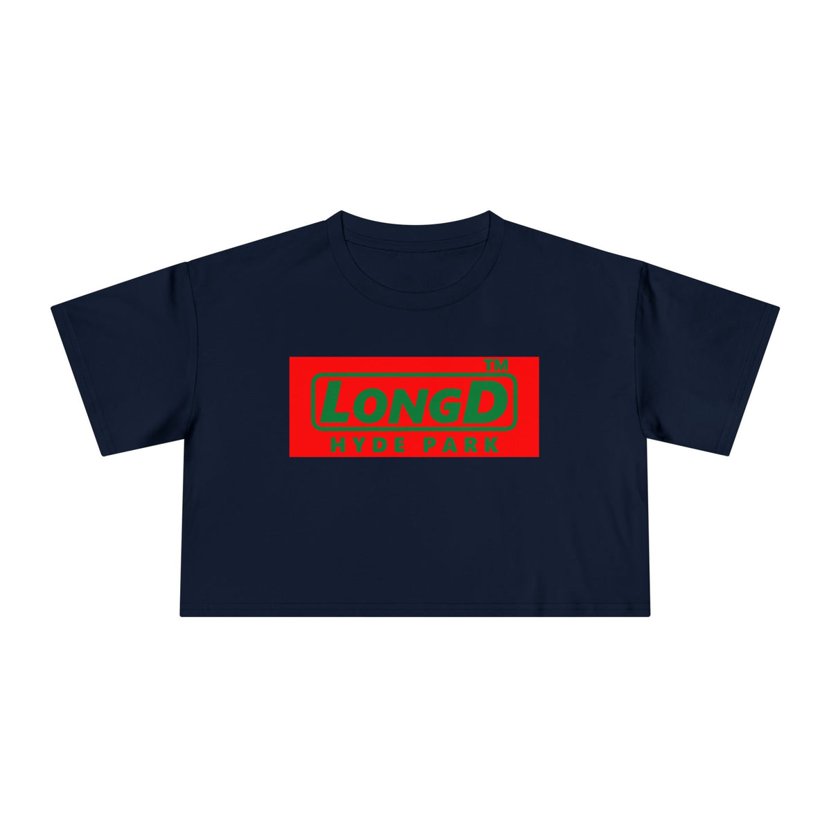 LongD Hyde Park logo positive green on negative red (Xmas colors) crop tee