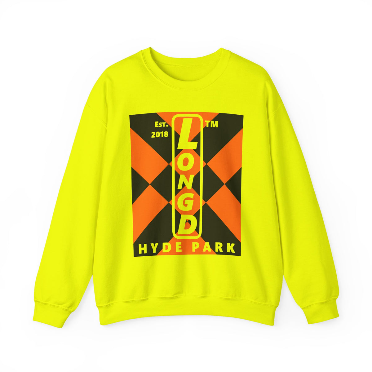 LongD Hyde Park negative upright mixed argyle logo (Halloween colors) crewneck sweatshirt