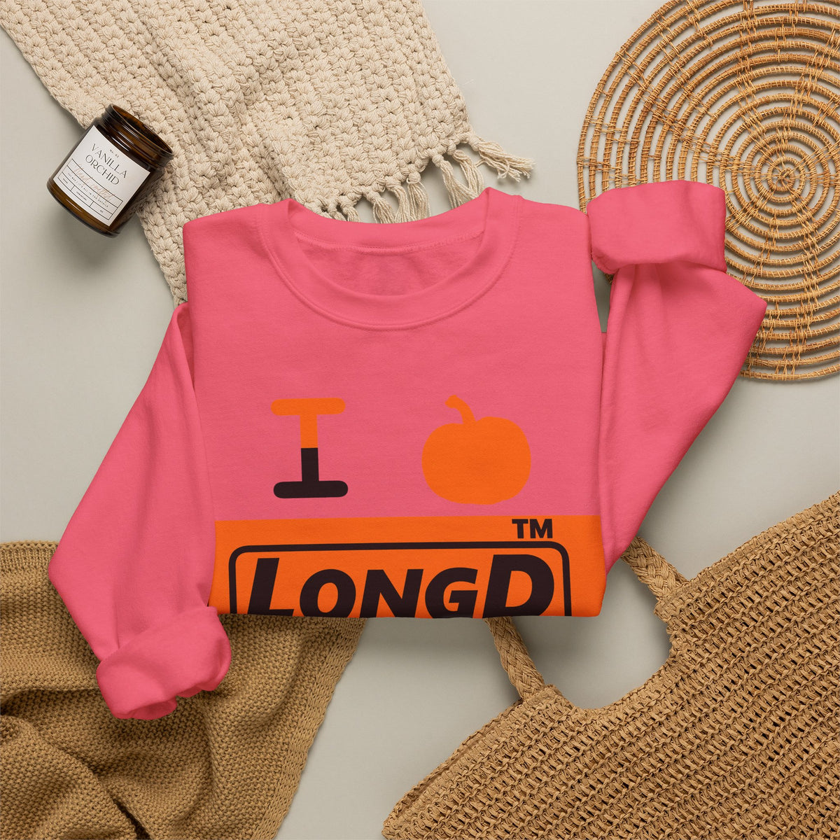 I pumpkin LongD Tag-domain logo positive black on negative orange crewneck sweatshirt