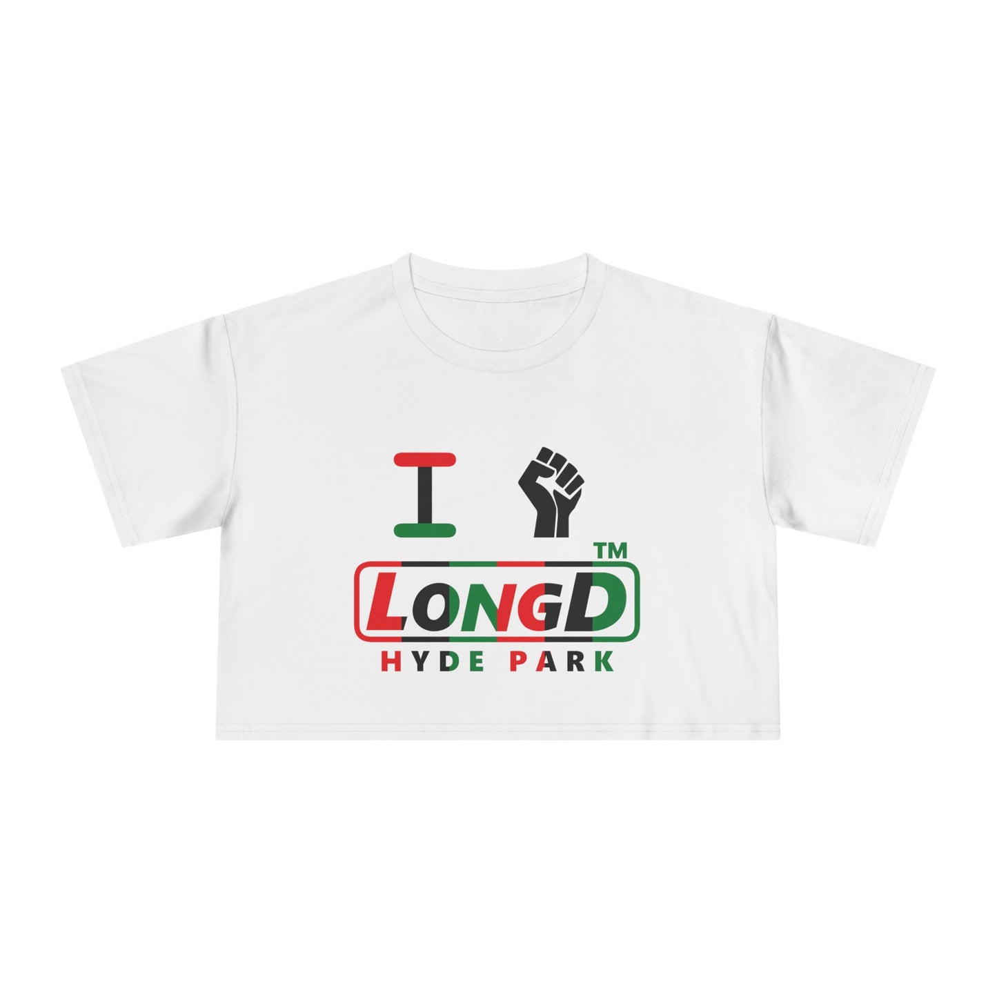 I fist LongD positive vertical 6-striped Hyde Park logo crop tee