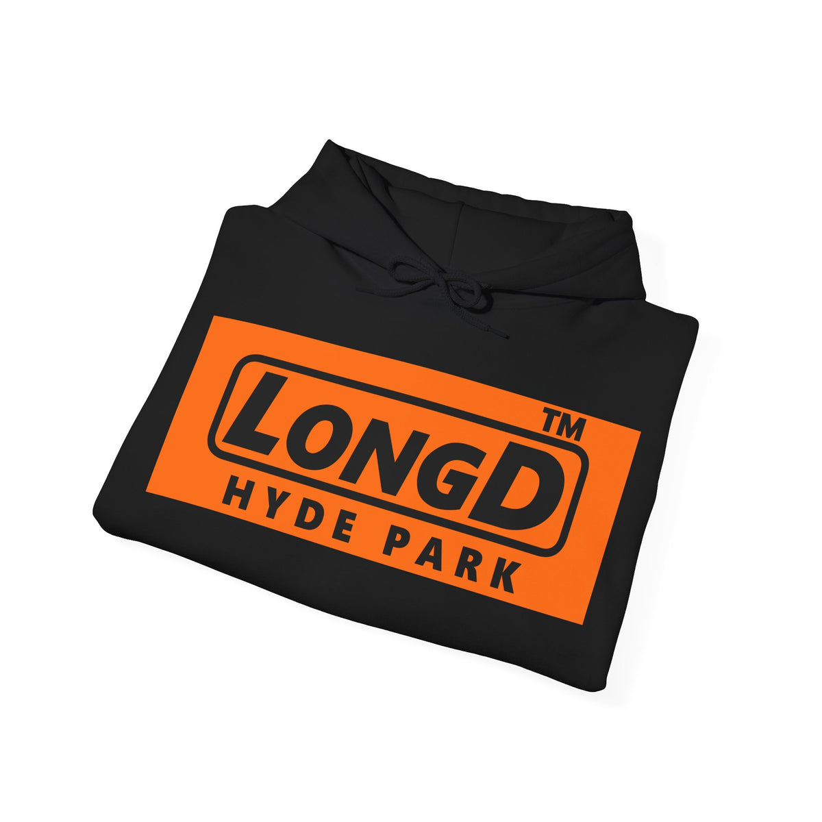 LongD Hyde Park logo Black (000000) on orange (FE7518) (Halloween colors) hoodie