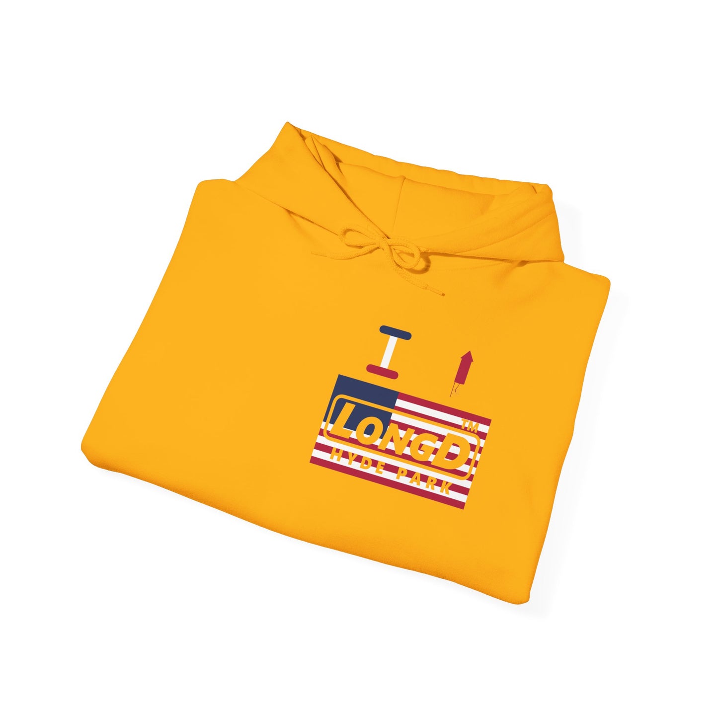 I firecracker LongD® negative flag front-back single breasted Hyde Park logo hoodie