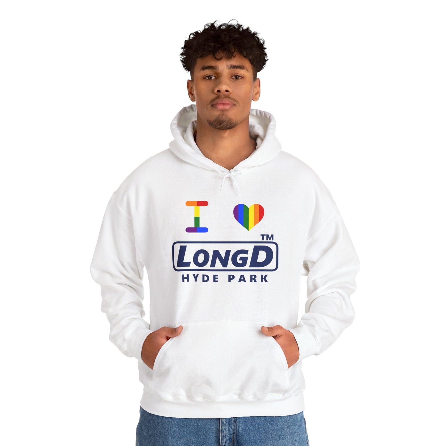 I Luv LongD® official basic front-back Hyde Park logo hoodie (Pride colors)