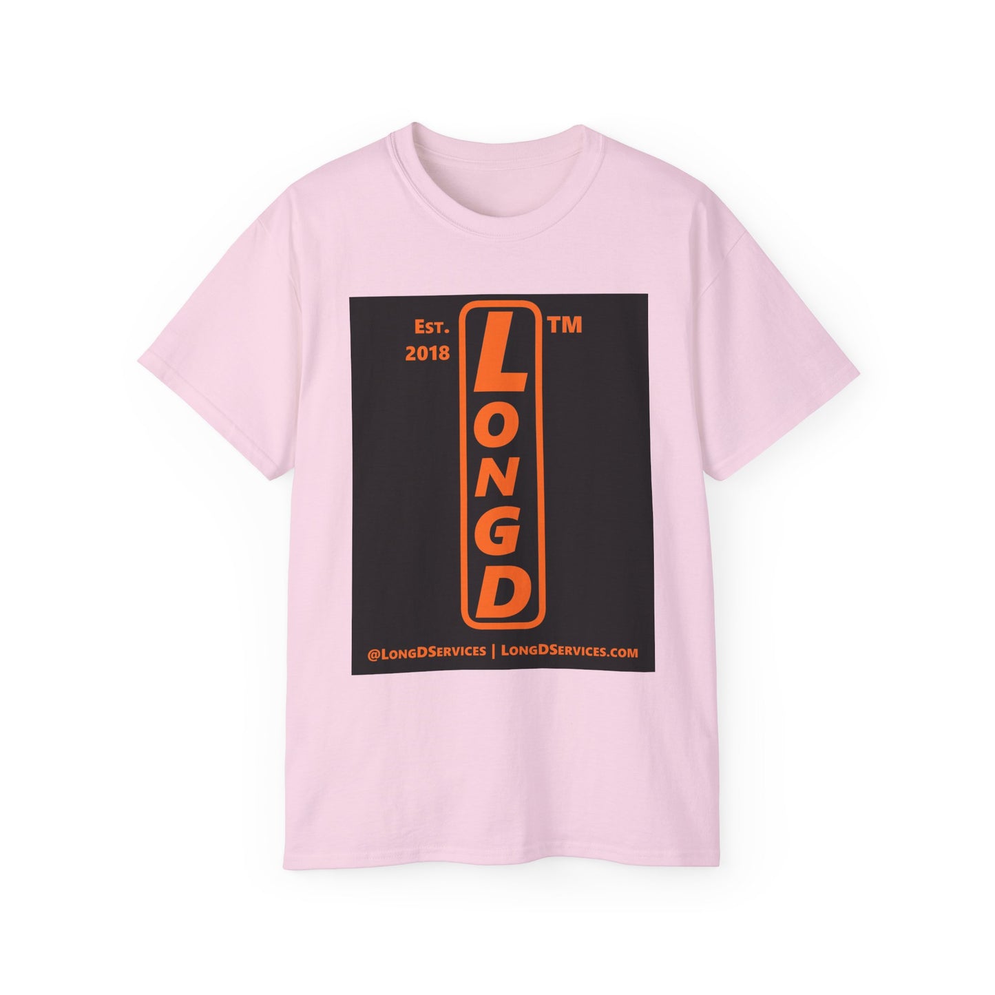 LongD Tag-domain upright front-back logo orange (FE7518) on Black (000000) cotton tee