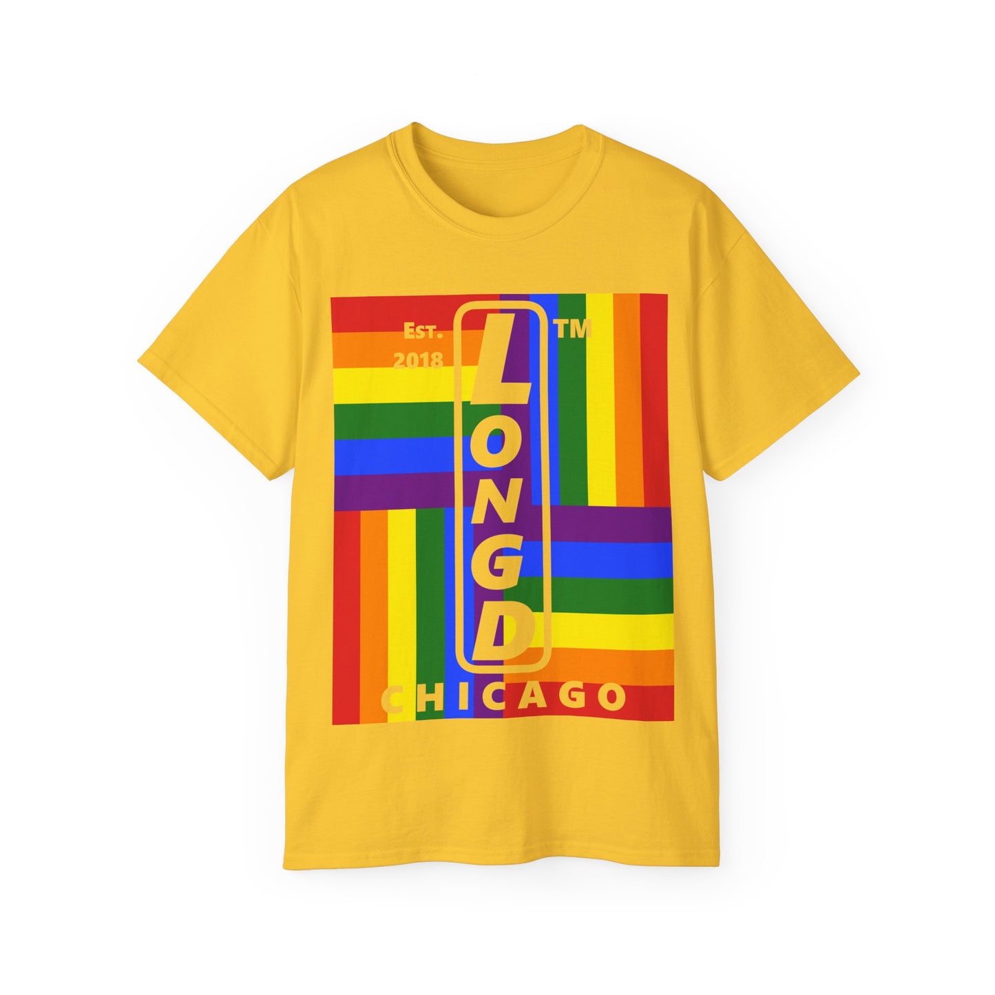 LongD Cotton Tee negative windmill Chicago upright logo (Pride colors)