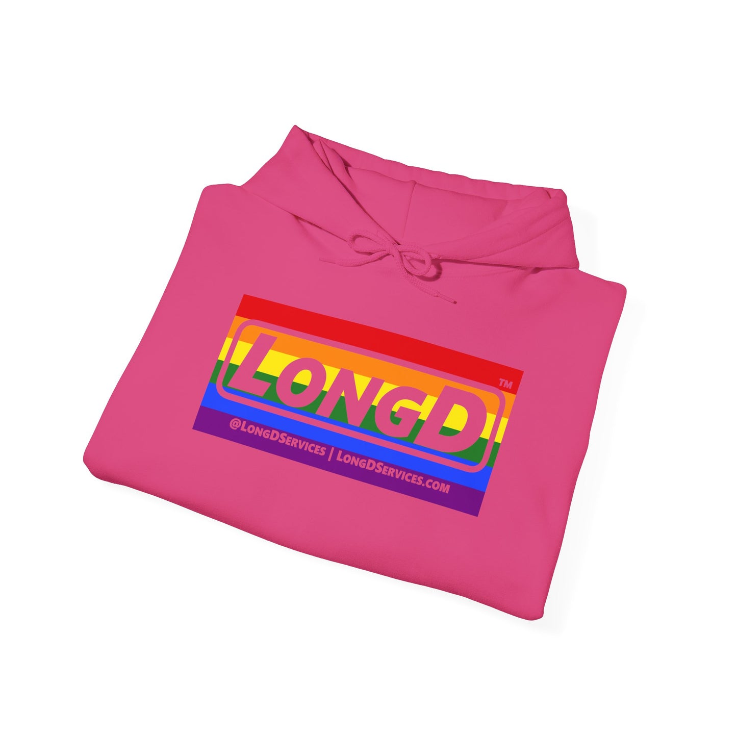 LongD® Logo Hoodie with Pride rainbow striped negative text