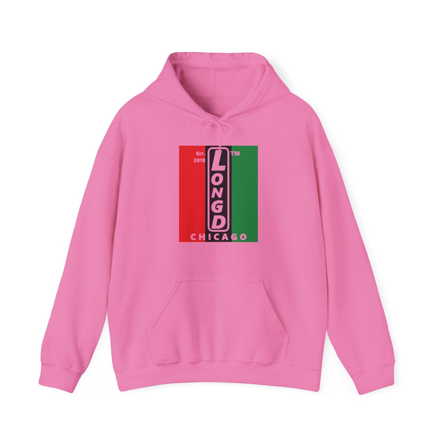 LongD® negative vertical 3-striped upright Chicago logo hoodie (Juneteenth colors)