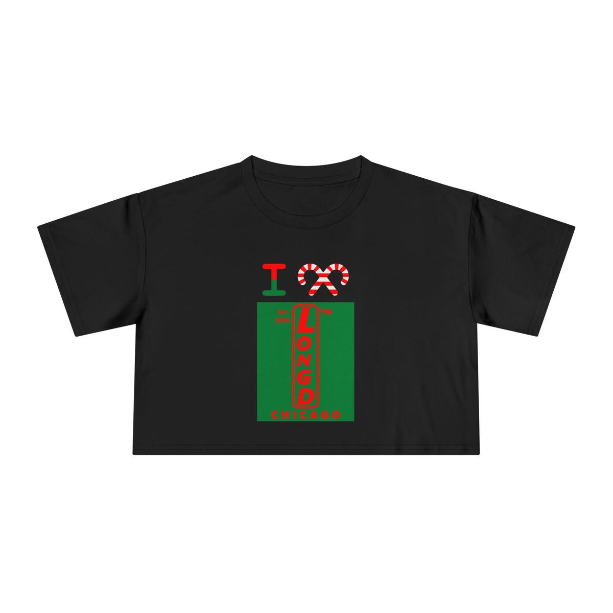I candy cane LongD Chicago upright front-back logo positive red on negative green crop tee