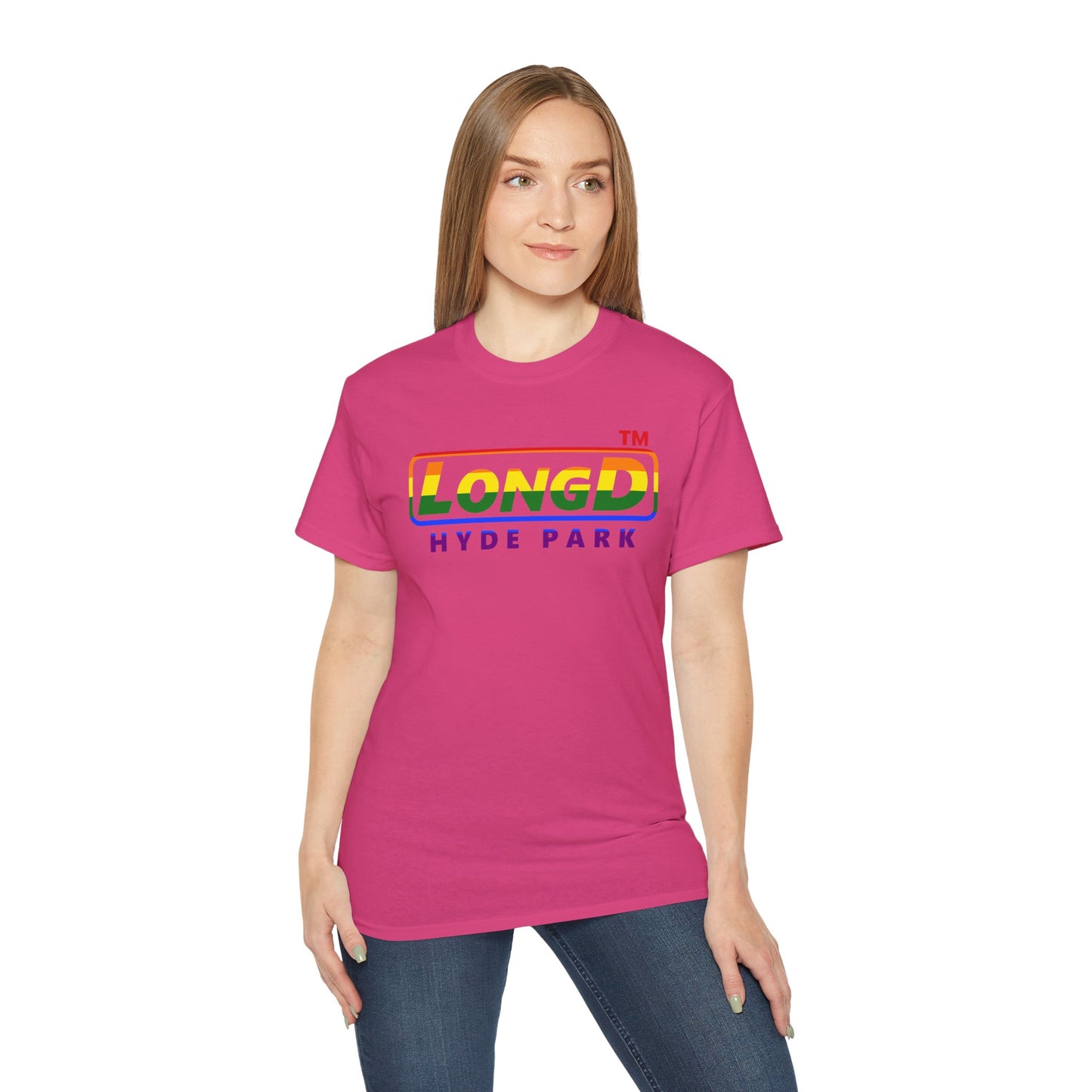 LongD positive vertical striped front-back Hyde Park logo cotton tee (Pride colors)