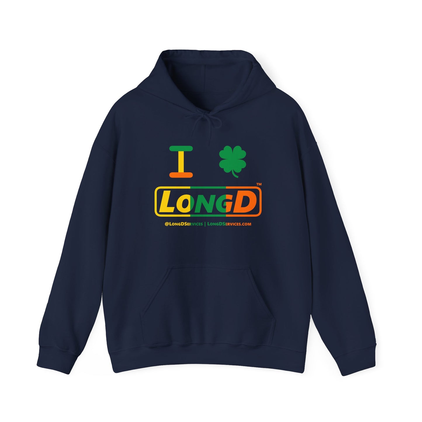 I Clover LongD® Logo Hoodie (St. Patrick's Day Irish Green-Irish Orange-Golden Yellow text)