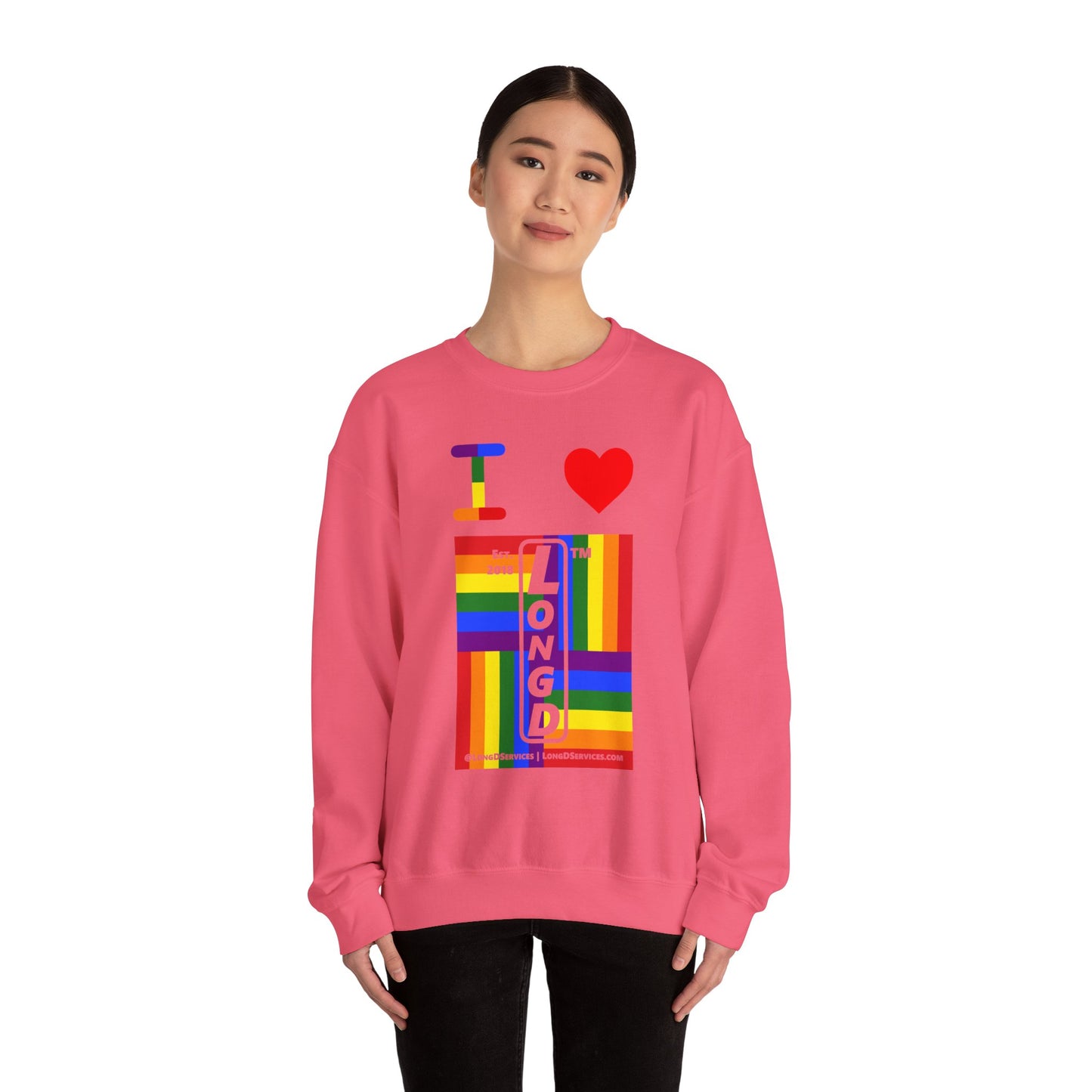 I Luv LongD negative windmill tag-domain upright front-back logo crewneck sweatshirt