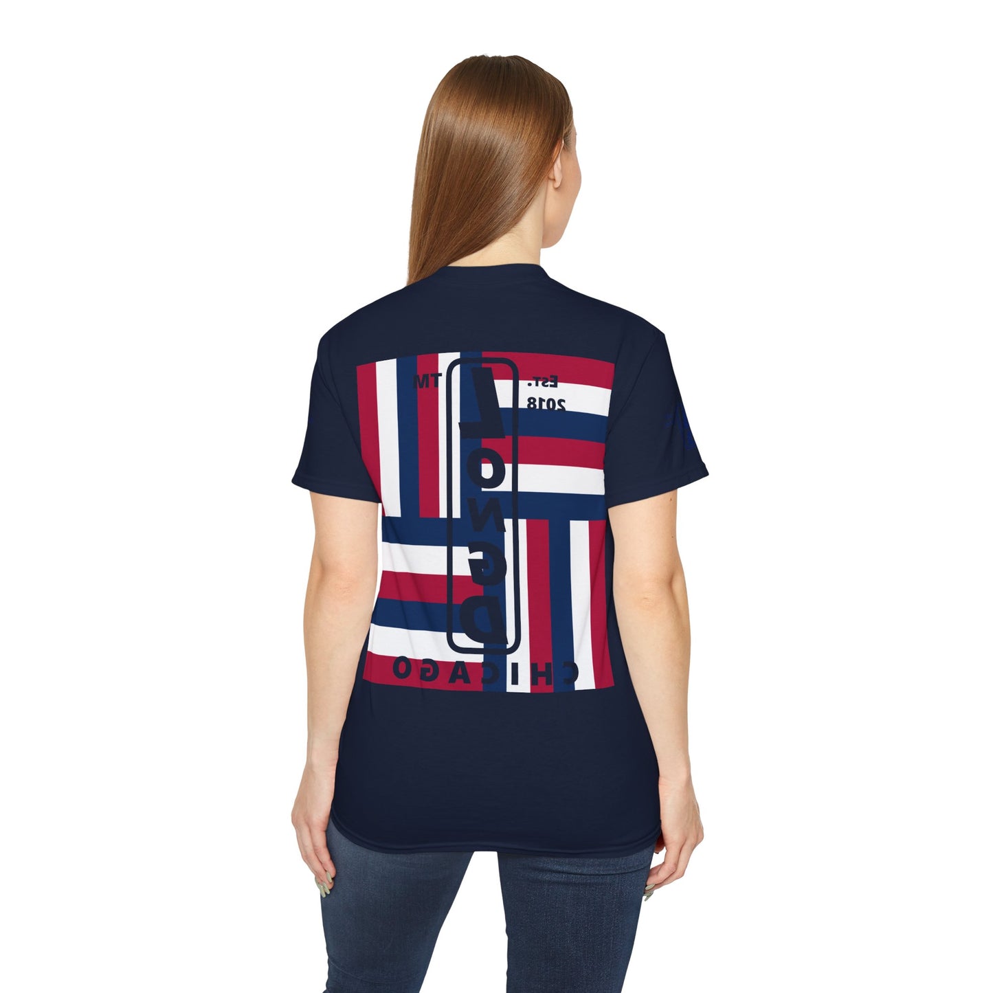 LongD cotton tee negative windmill 4-print Chicago upright logo (Patriotic colors)