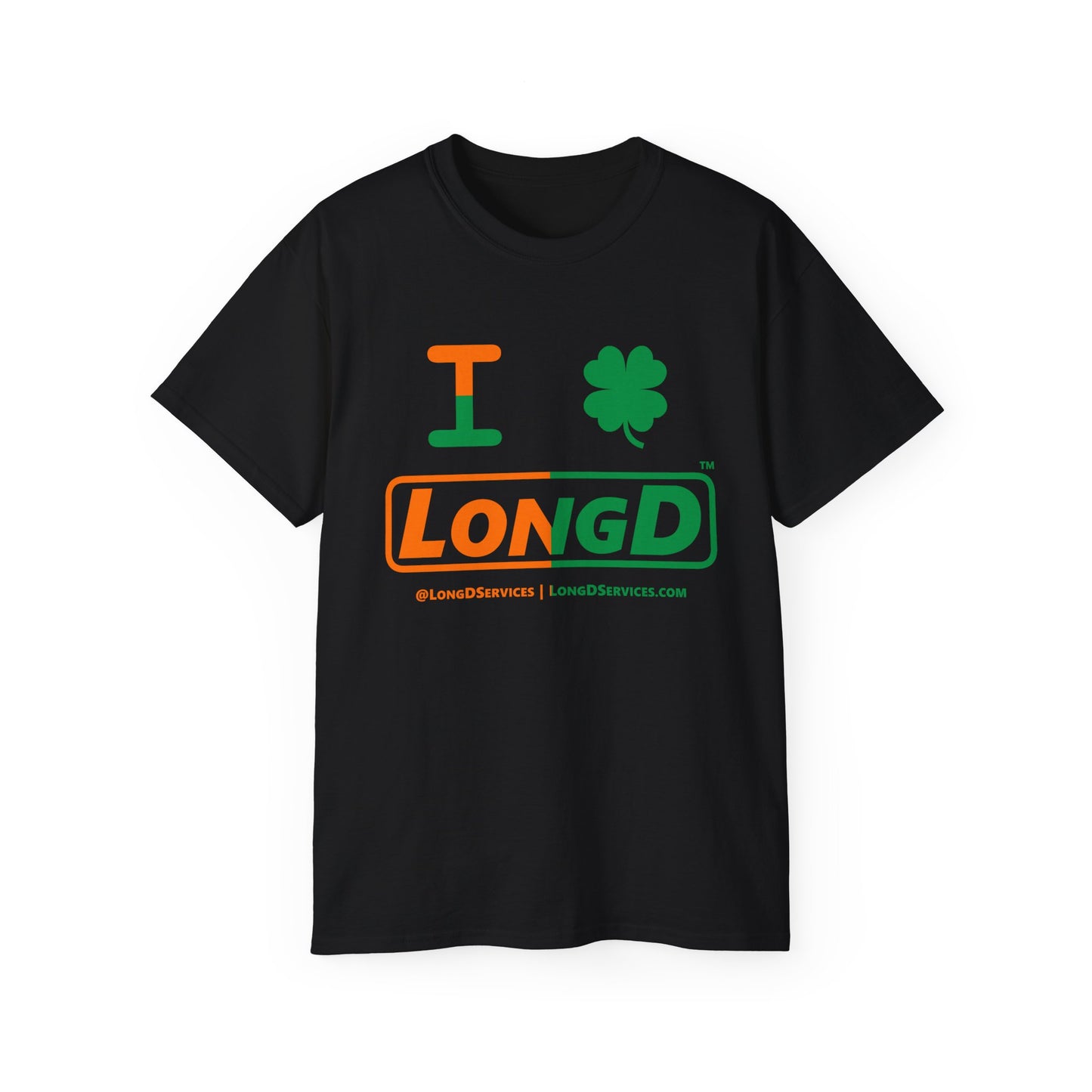 I Clover LongD® Logo Cotton Tee (St. Patrick's Day -Irish Green and Irish Orange right-left split with 4-leaf clover)