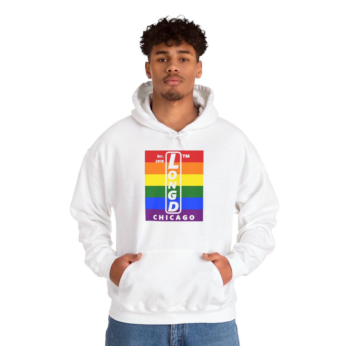 LongD® negative horizontal 6-striped upright Chicago logo hoodie (Pride colors)