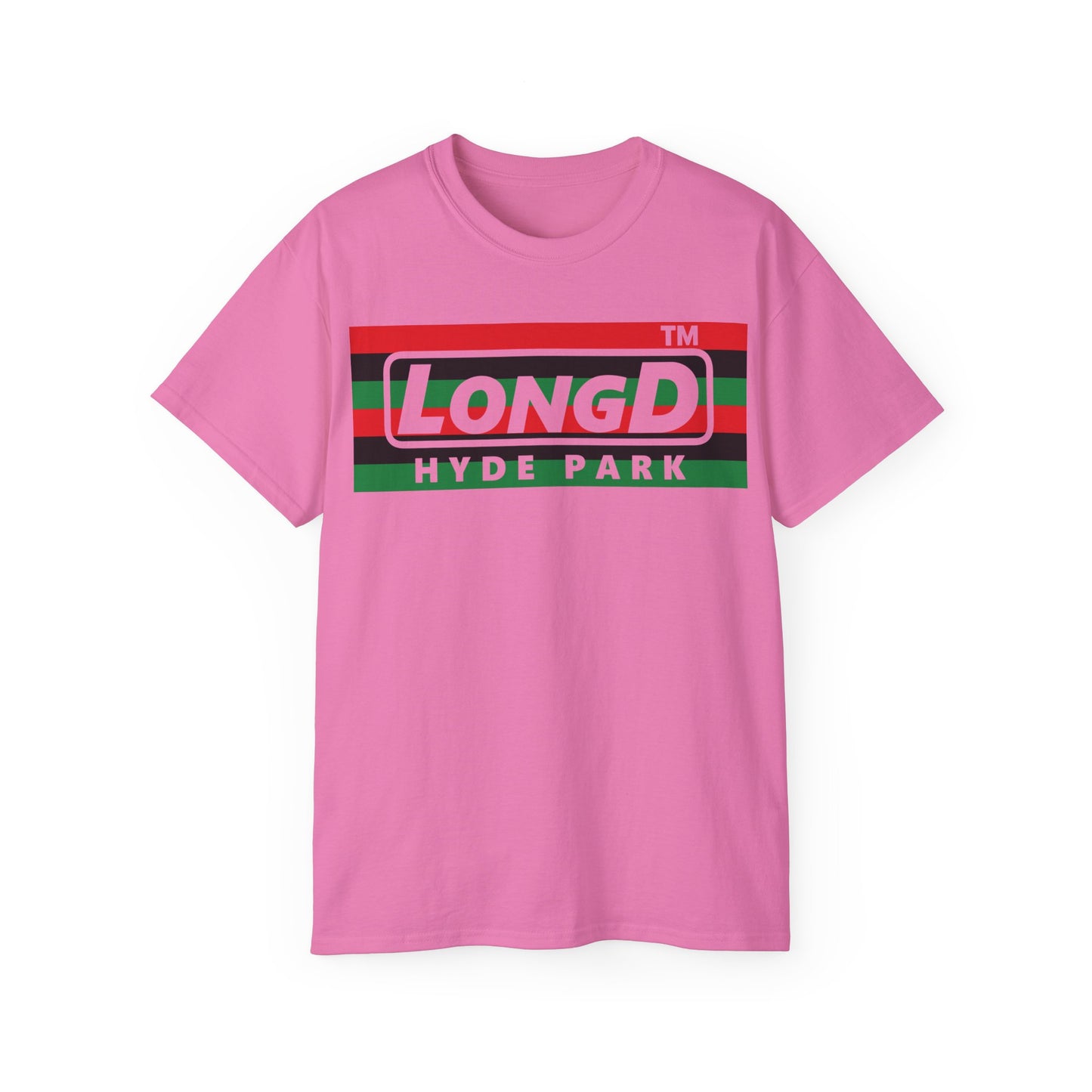 LongD negative horizontal 6-striped Hyde Park logo cotton tee (Juneteenth colors)