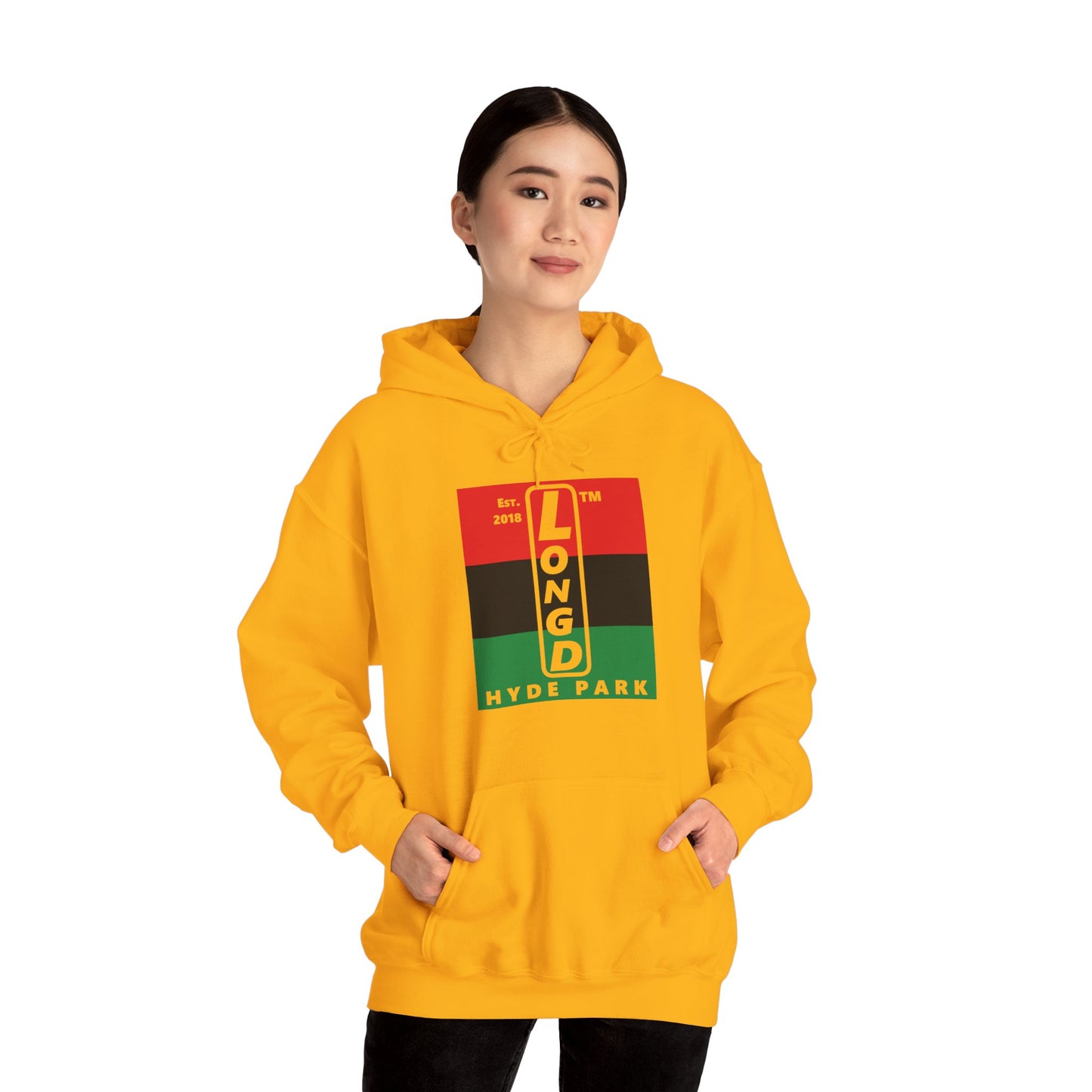 LongD® negative horizontal 3-striped upright Hyde Park logo hoodie (Juneteenth colors)