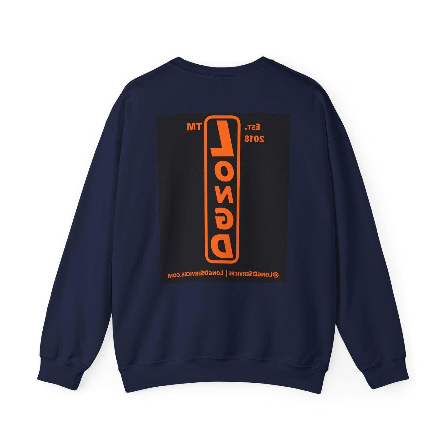 LongD Tag-domain upright front-back logo orange (FE7518) on Black (000000) crewneck sweatshirt