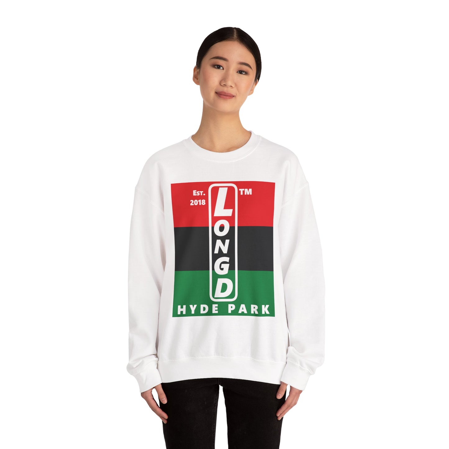 LongD negative horizontal 3-striped Hyde Park upright logo crewneck sweatshirt (Juneteenth colors)