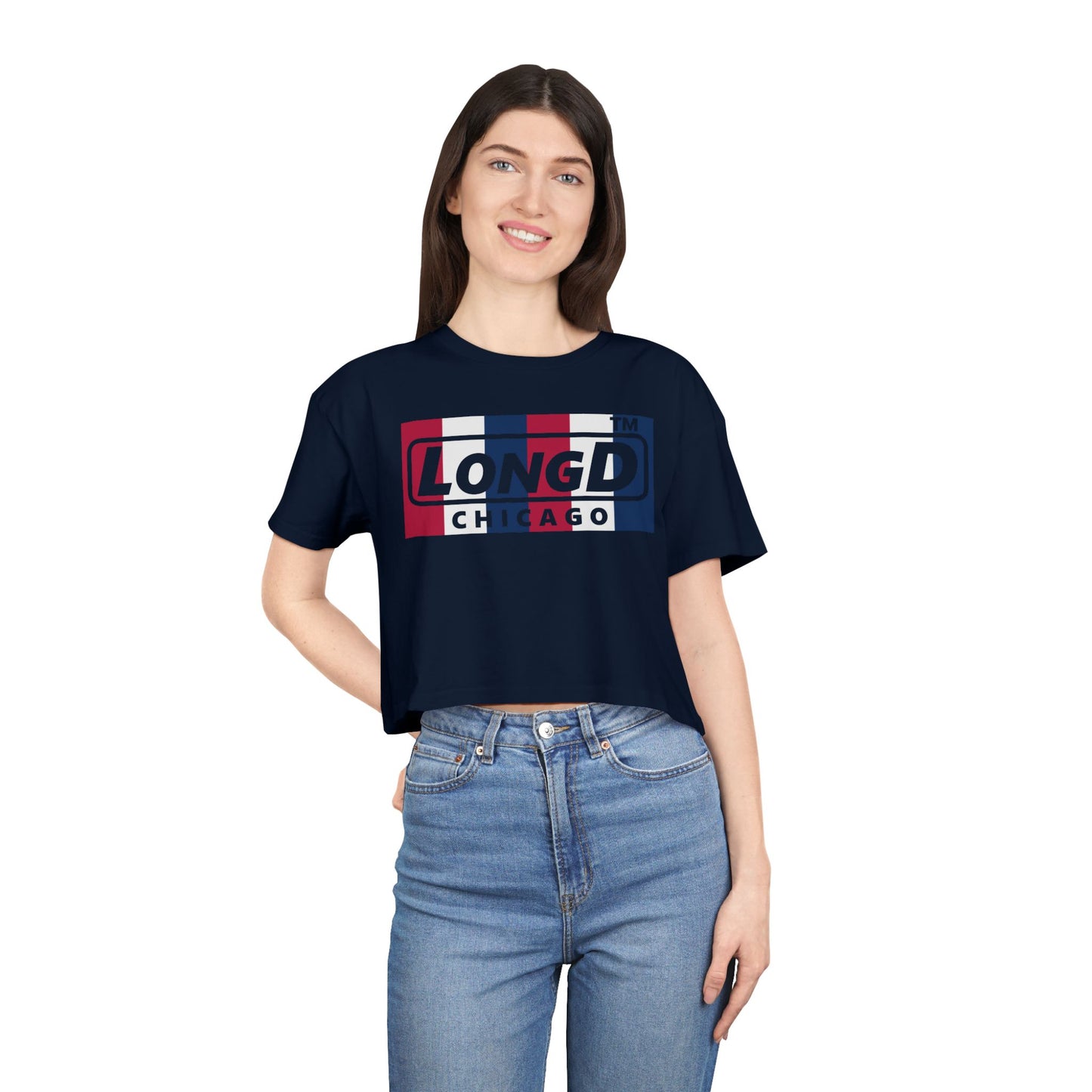 LongD negative vertical 6-striped Chicago Logo Crop Tee (Patriotic colors)