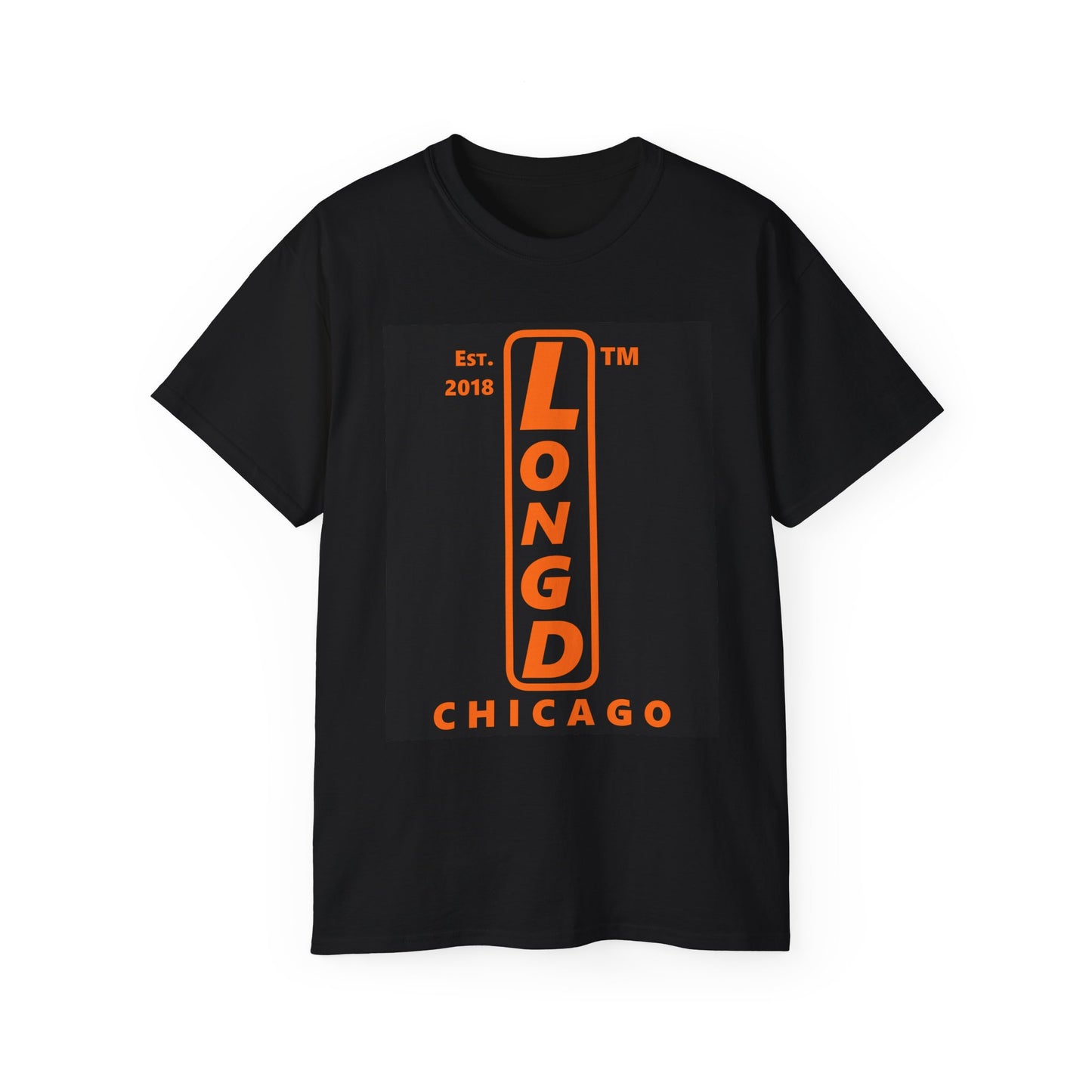 LongD Chicago upright front-back logo orange (FE7518) on Black (000000) cotton tee