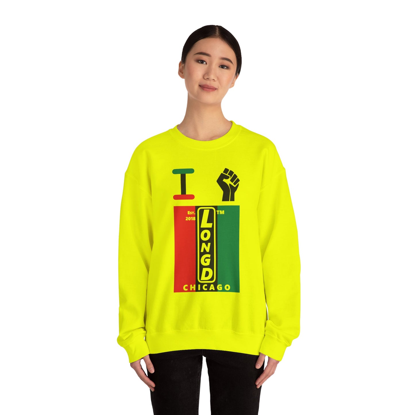 I Fist LongD negative vertical 3-striped Chicago upright logo crewneck sweatshirt