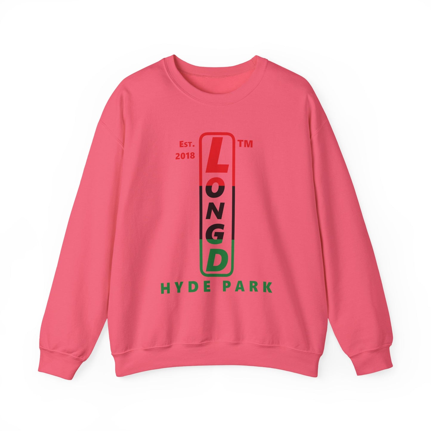LongD positive horizontal 3-striped Hyde Park upright logo crewneck sweatshirt (Juneteenth colors)
