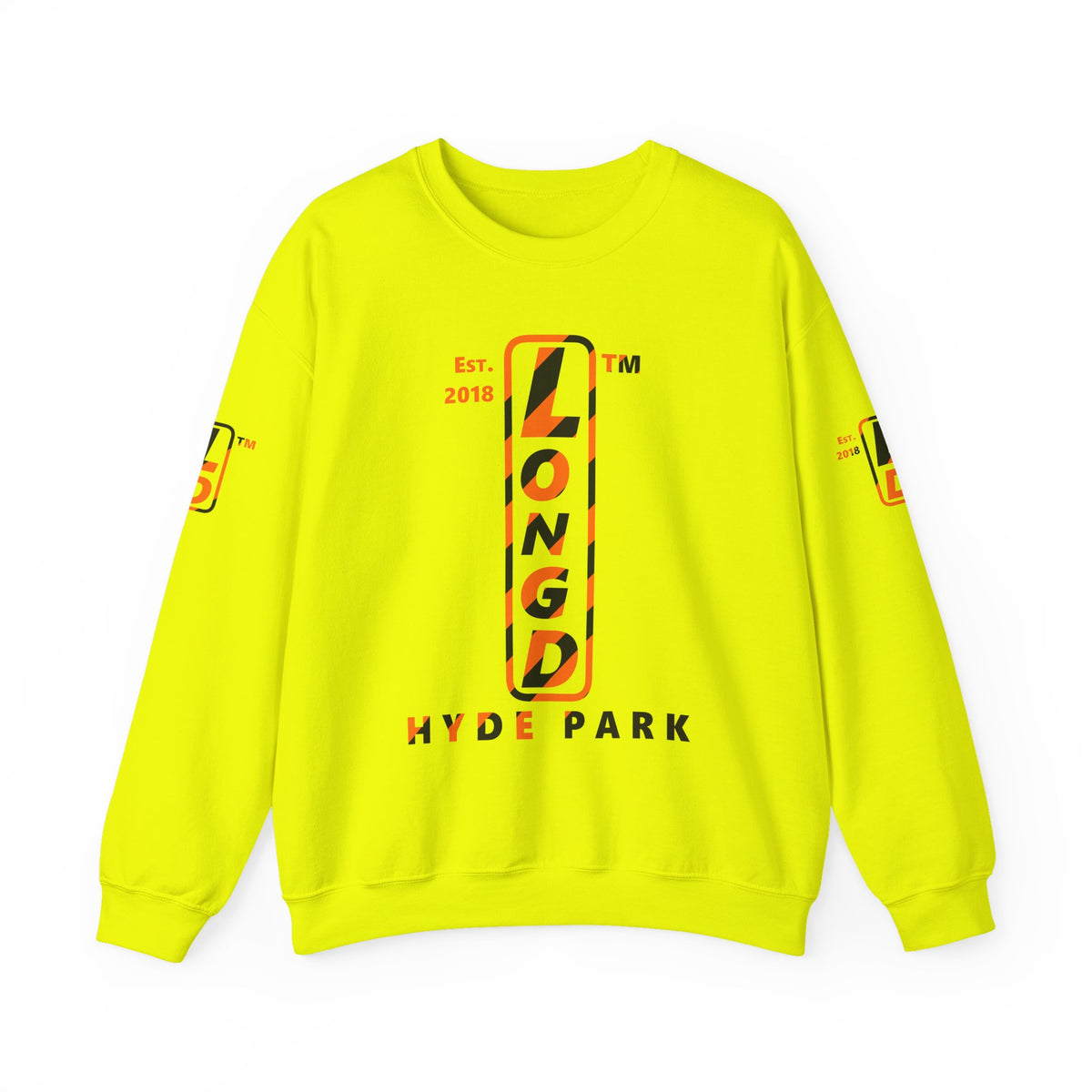 LongD Hyde Park positive upright pixel-weighted 12-striped 4-print logo (Halloween colors) crewneck sweatshirt