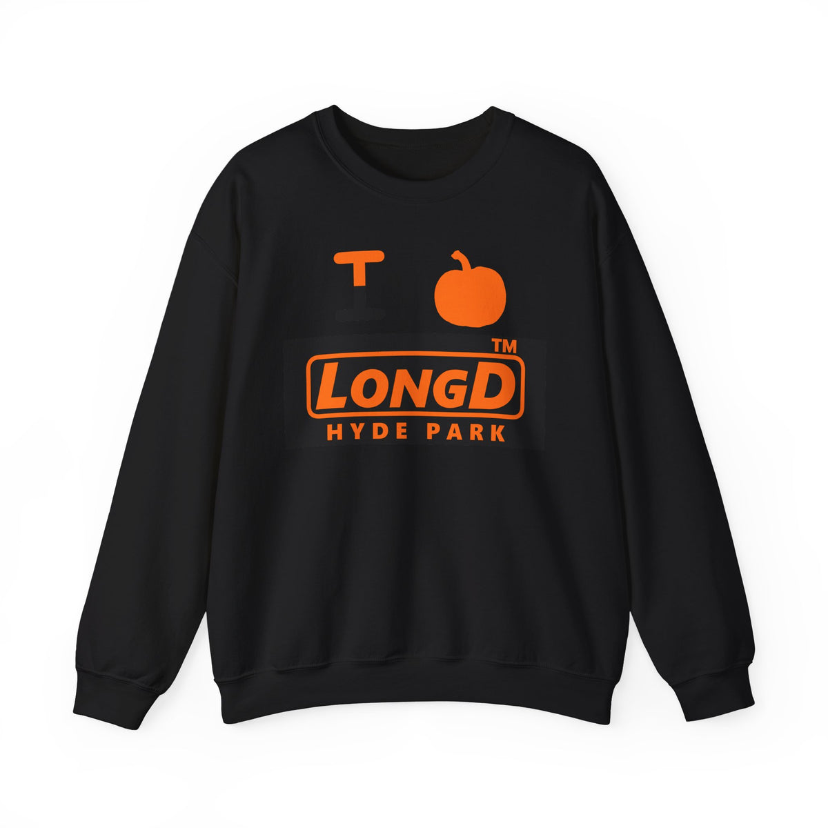 I pumpkin LongD Hyde Park logo positive orange on negative black crewneck sweatshirt