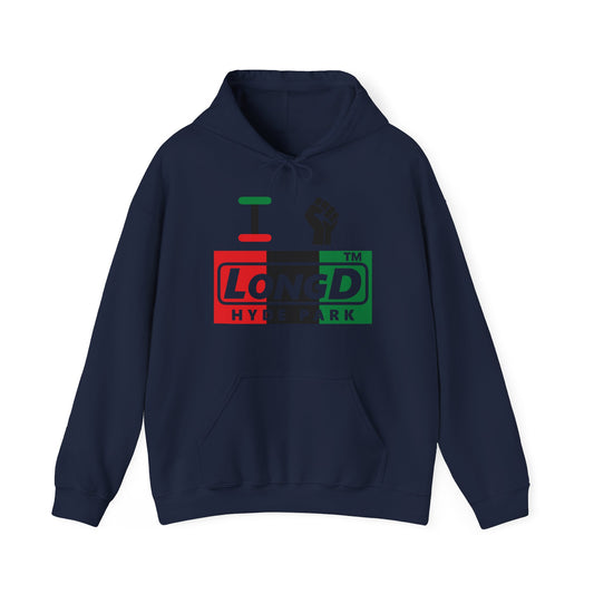 I fist LongD® negative vertical 3-striped Hyde Park logo Hoodie (Juneteenth colors)